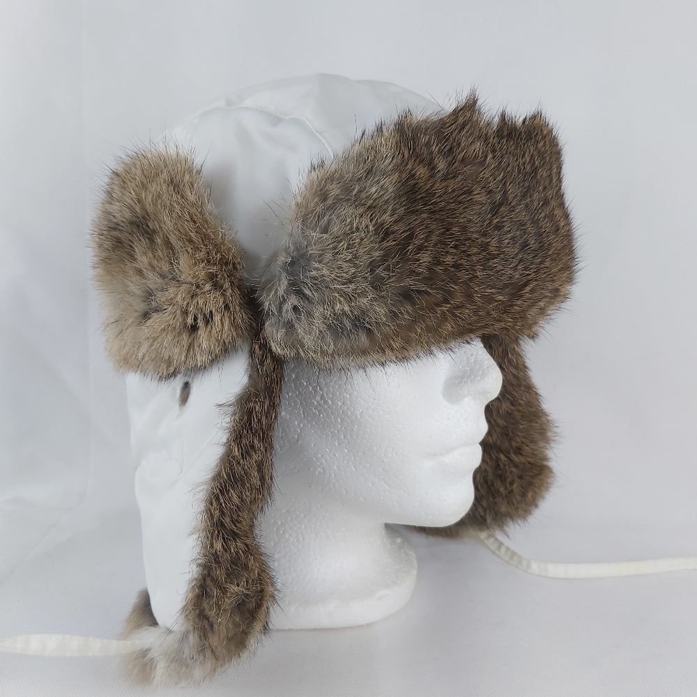 Real rabbit fur aviator trapper white winter hat